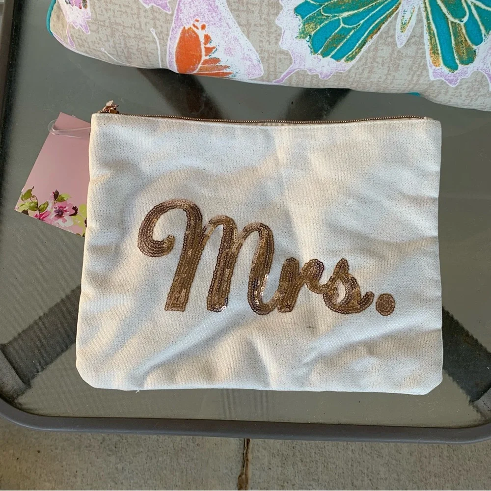 Mrs. Rose Gold Beaded Makeup Bag